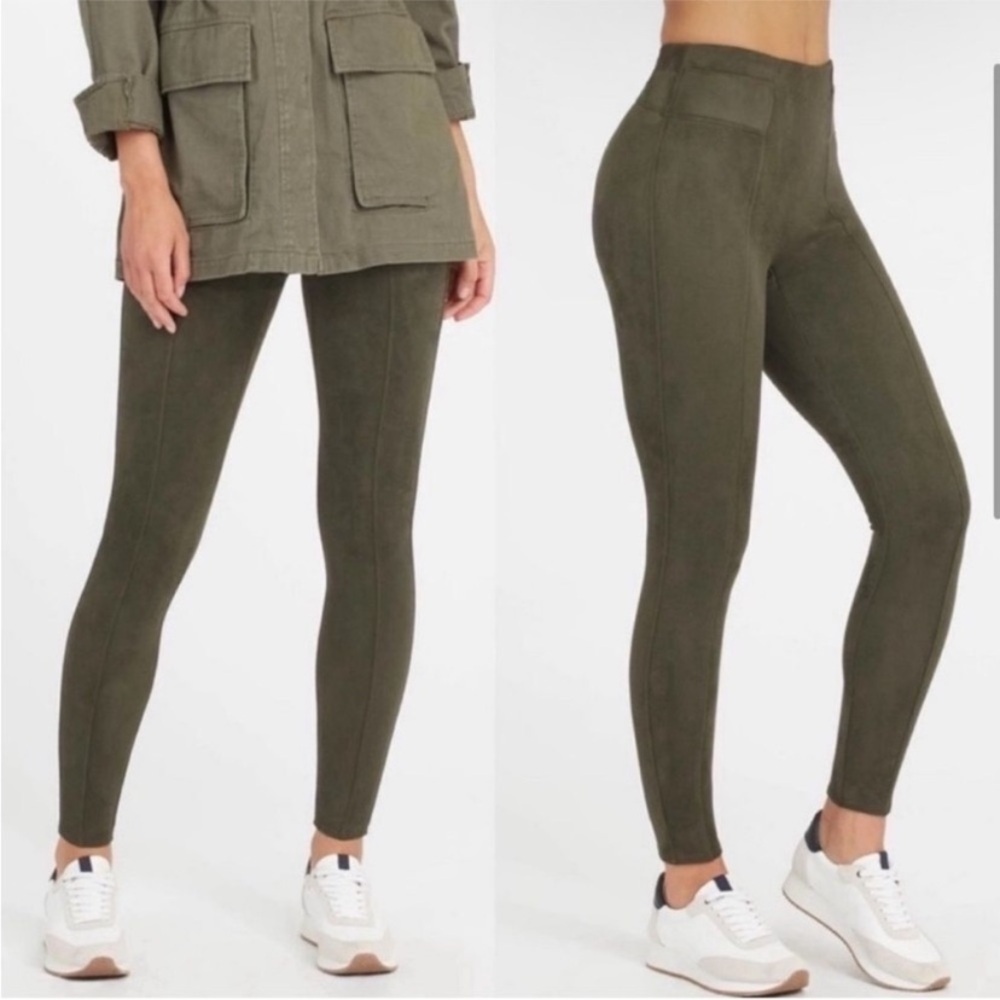 SPANX / Green Faux Suede Front & Back Seamed Leggings Size M